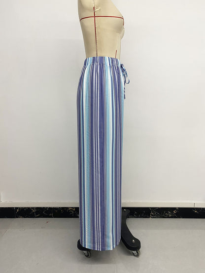 Blue Striped Drawstring Wide Leg Pants Casual Summer Trousers