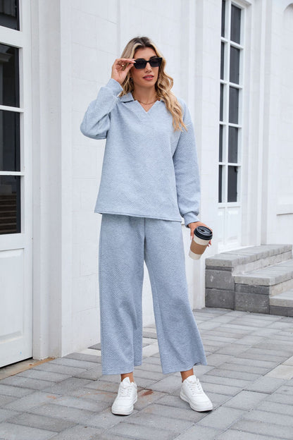 Women's Lounge Set Long Sleeve Collar Top Wide Leg Pants