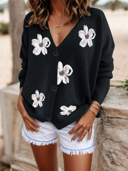 Women's Floral Embroidered V-Neck Button Cardigan Sweater