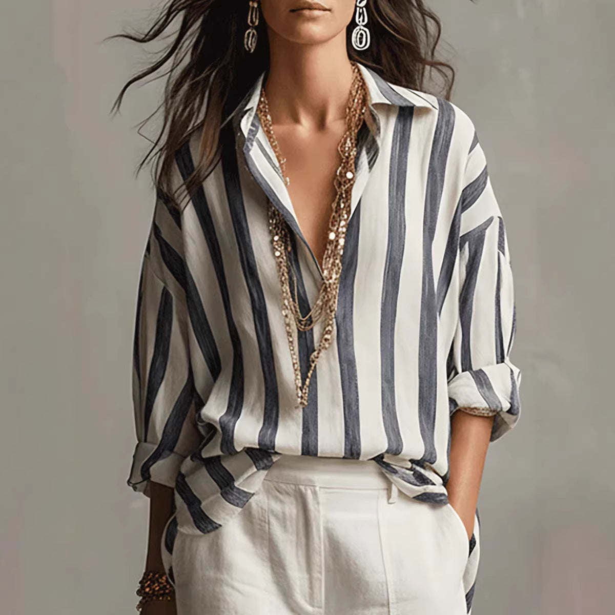 Women's Oversized Striped Collared Shirt Long Sleeve