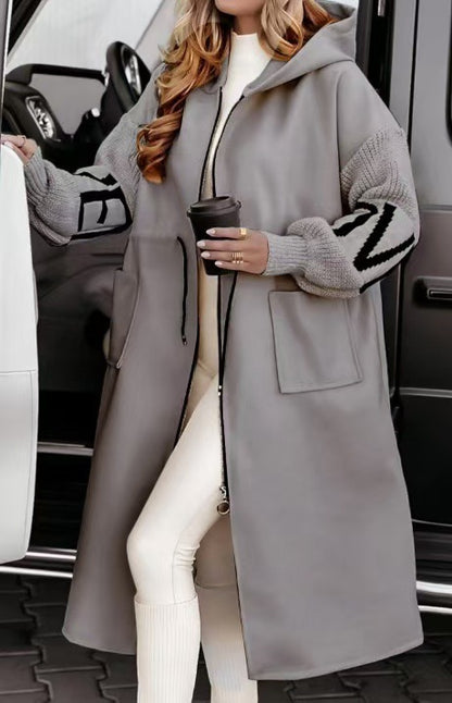 Women's Long Hooded Coat Knit Sleeve Patchwork Jacket