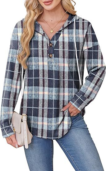 Women's Plaid Button Hoodie Long Sleeve Pullover