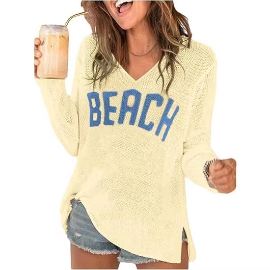 Women's V-Neck Letter Print Lightweight Knit Sweater