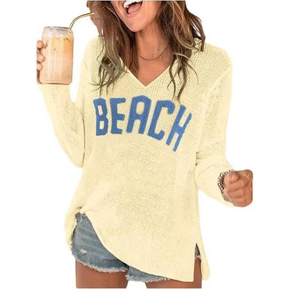 Women's V-Neck Letter Print Lightweight Knit Sweater