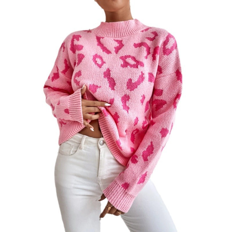 Women's Leopard Print Crew Neck Oversized Pullover Sweater