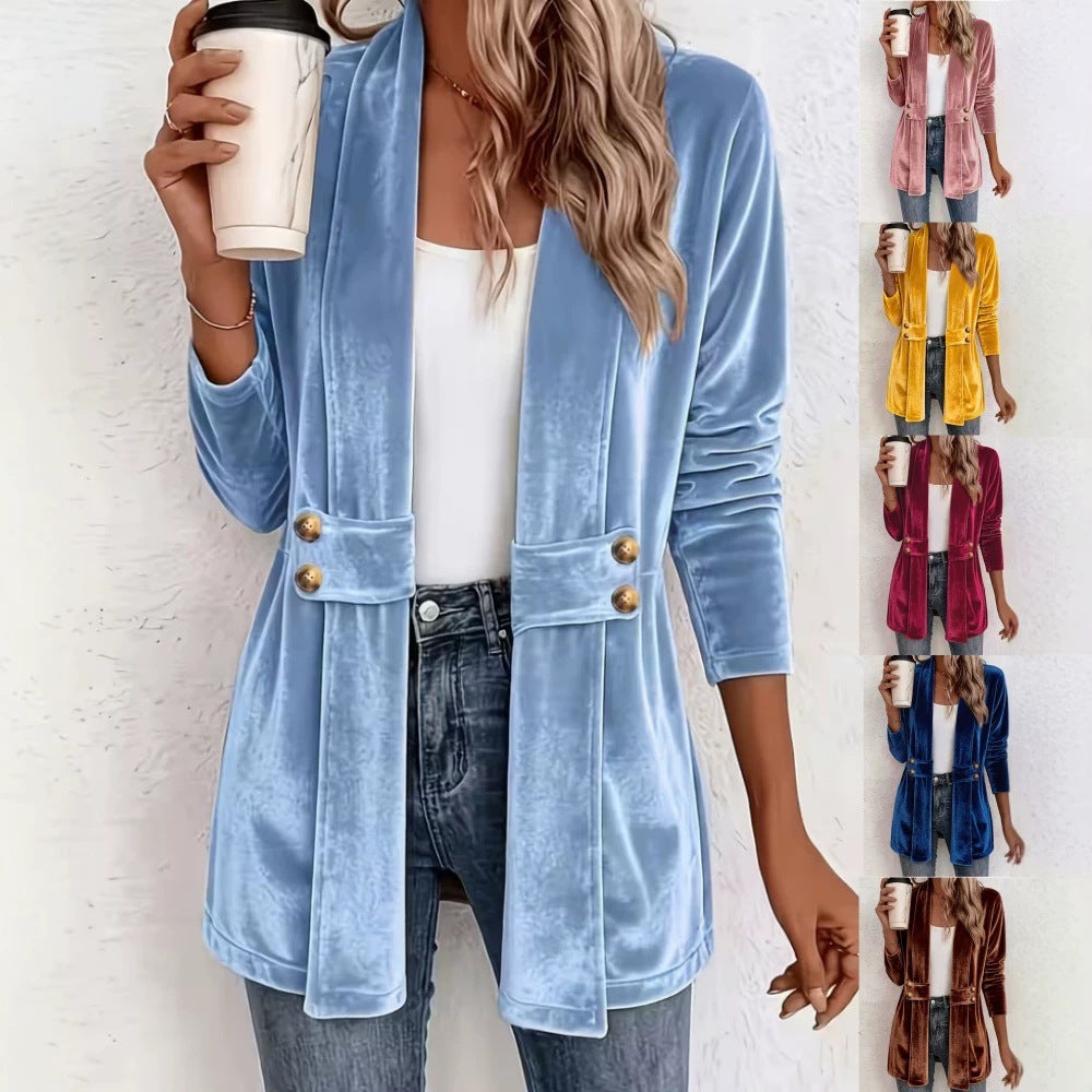 Velvet Shawl Collar Open Front Cardigan Long Sleeve