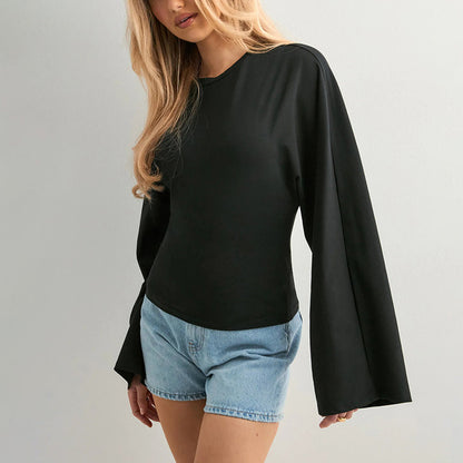 Women's Solid Batwing Long Sleeve Cinched Waist Crop Top