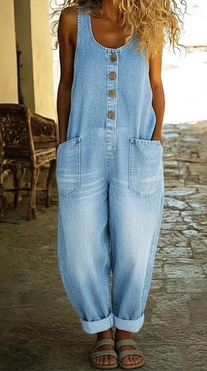 Women's Vintage Wash Denim Overalls Sleeveless Wide Leg