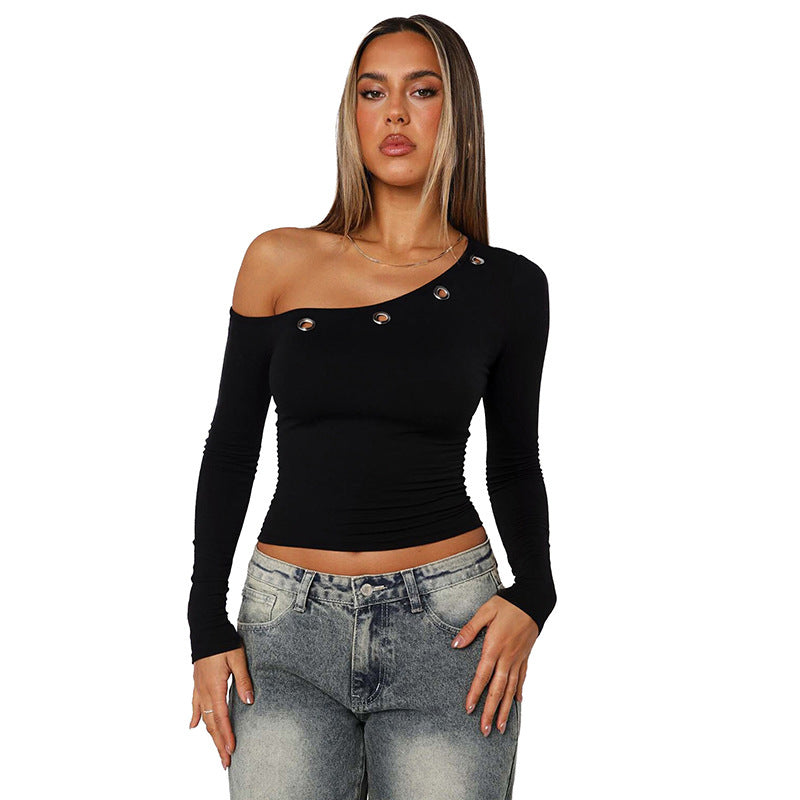 Sexy One Shoulder Grommet Crop Top Long Sleeve