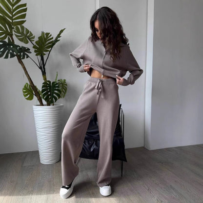 Women's Knit Lounge Set Zip Up Top Wide Leg Pants