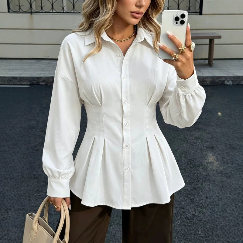 Women's Cotton Peplum Blouse Pleated Button Down Shirt