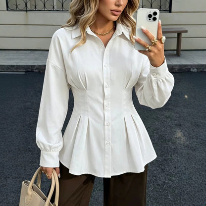 Women's Cotton Peplum Blouse Pleated Button Down Shirt
