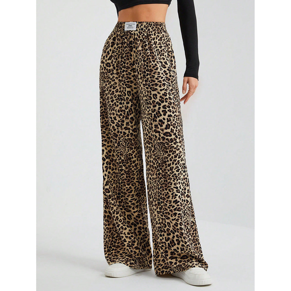 Leopard Print Wide Leg Pants High Waist Pocket Casual