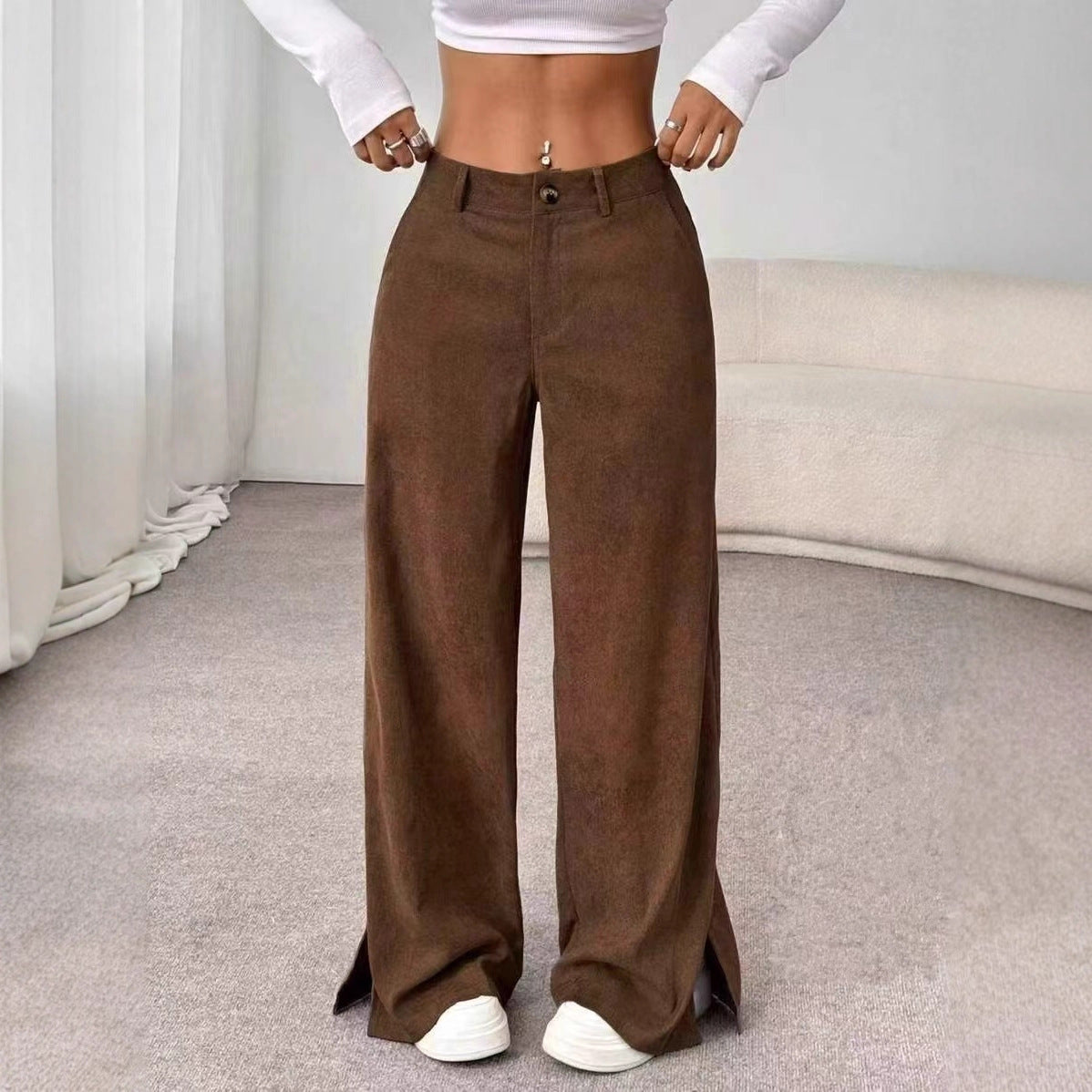 Women's Corduroy Wide Leg Pants Split Hem Casual Trousers