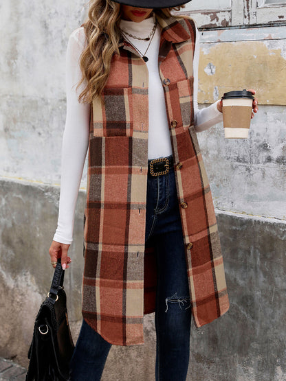 Plaid Longline Vest Lapel Button Front Pockets