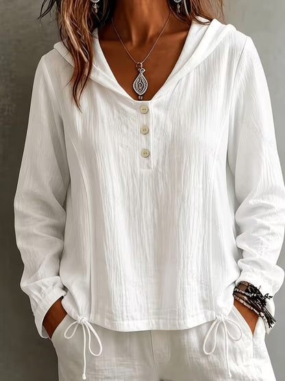 Women's Oversized Textured Hooded Henley Casual Top
