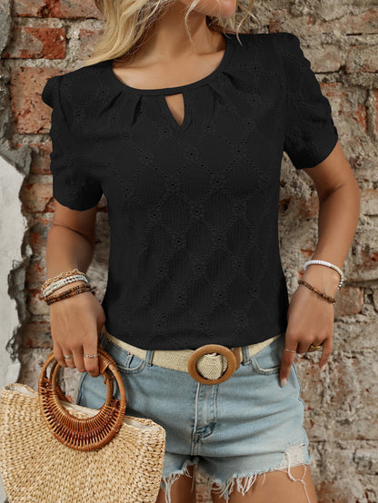Light Blue Textured Knit Short Sleeve Button Neck Top