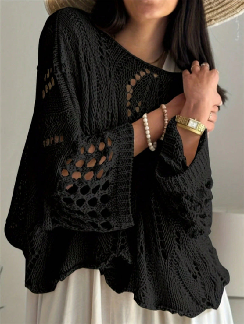 Women's Oversized Crochet Bell Sleeve Sweater Top