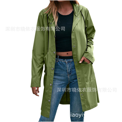 Women's Long Hooded Waterproof Trench Jacket