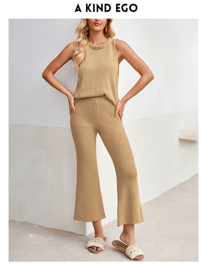 Solid Knit Lounge Set Sleeveless Tank Wide Leg Pants