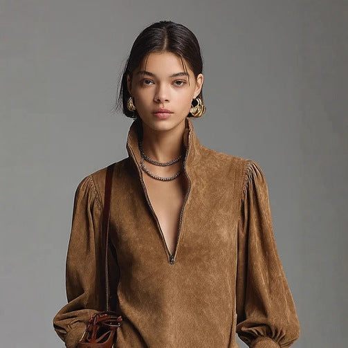 Suede Zip Front Mini Dress Long Sleeve Mock Neck