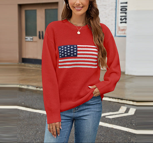 USA Flag Knit Sweater Patriotic Pullover for Women