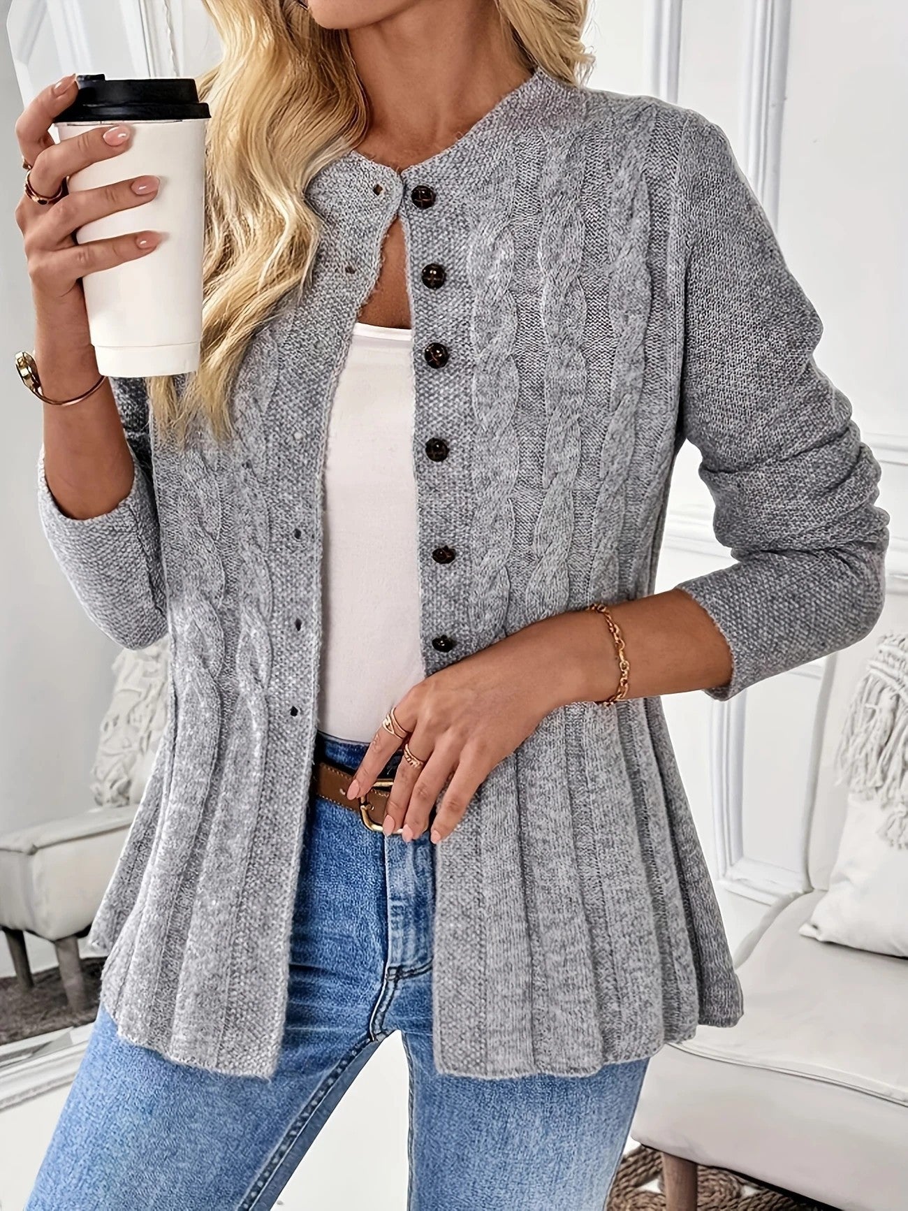 Cable Knit Button Front Peplum Cardigan Sweater