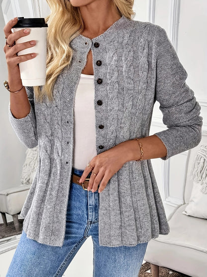 Cable Knit Button Front Peplum Cardigan Sweater