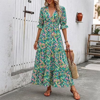 Boho Floral Tiered Maxi Dress V Neck Resort Vacation Dress