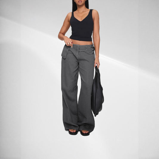 Baggy Wide Leg Jeans Dark Wash Belted Rivet