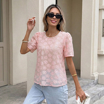 Pink Floral Jacquard Puff Sleeve Blouse Pearl Neck Top