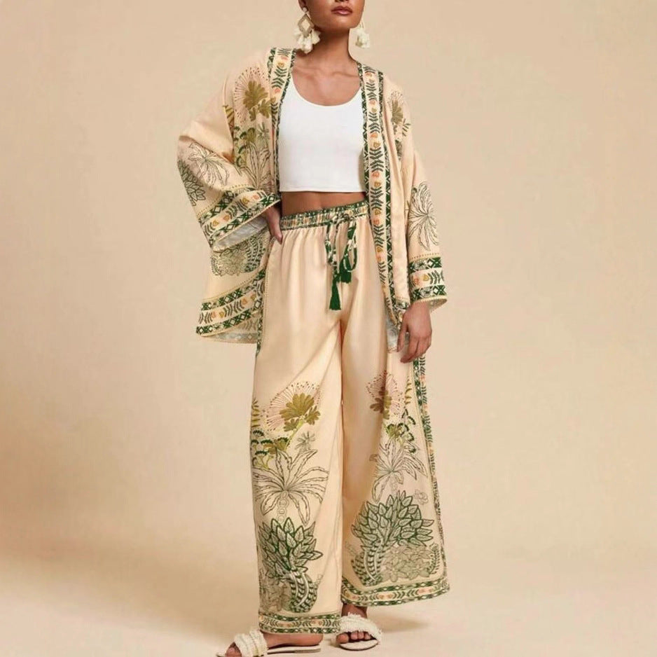 Women's Boho Kimono Cardigan Wide Leg Pants Matching Set
