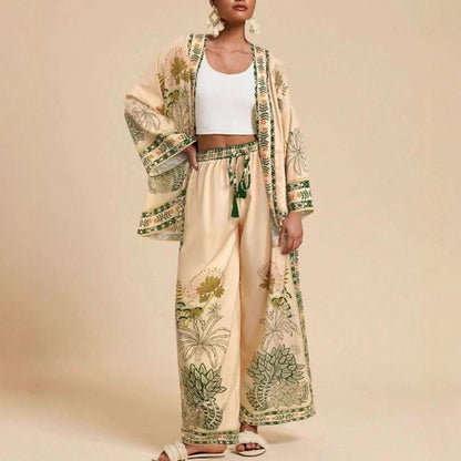 Women's Boho Kimono Cardigan Wide Leg Pants Matching Set