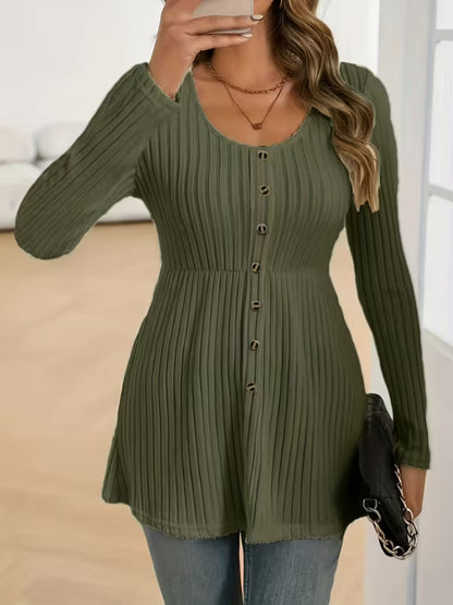 Women's Ribbed Button Front Scoop Neck Long Sleeve Tunic