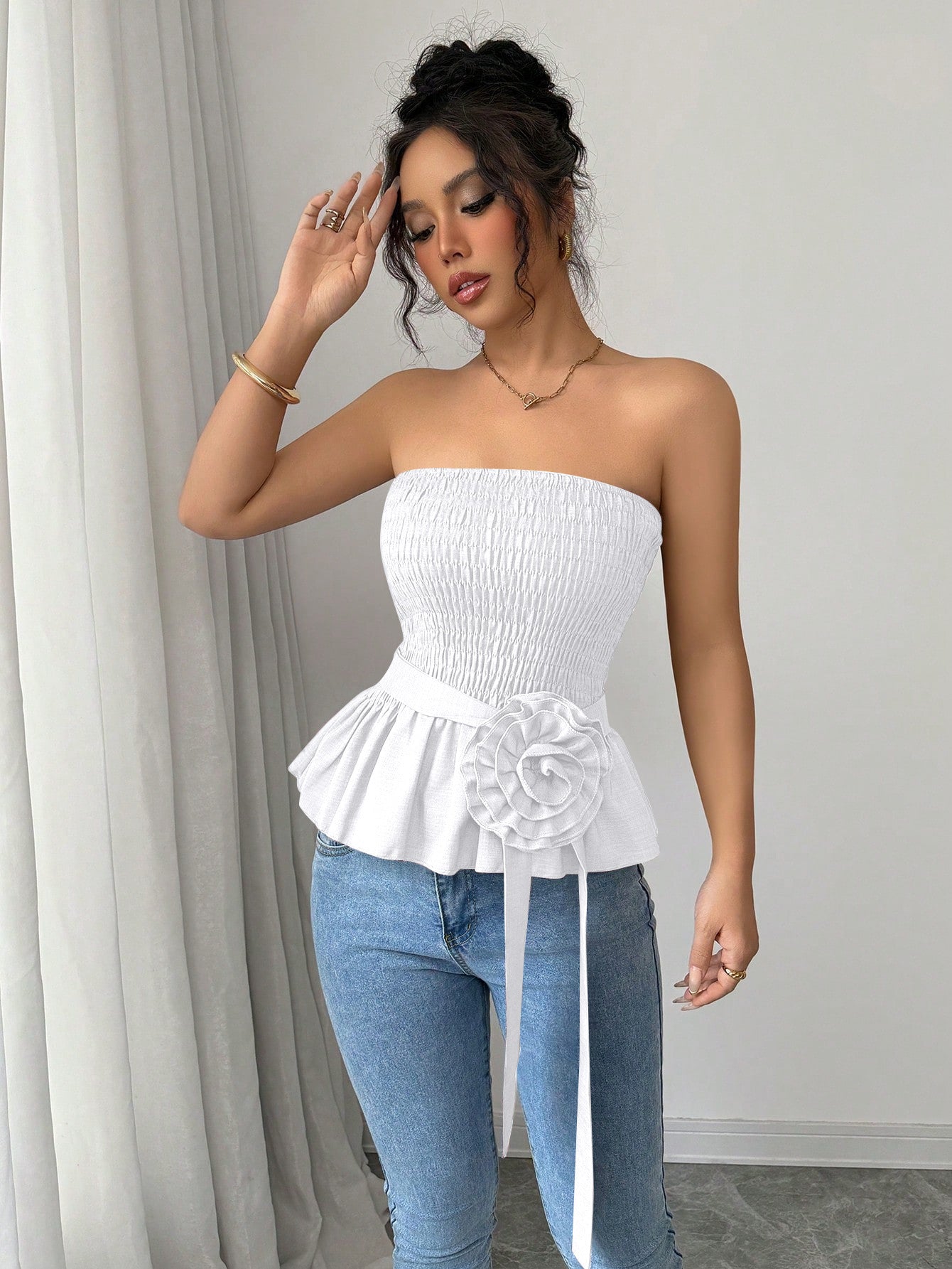 French Style Bandeau Top with Ruffle Hem and Rose