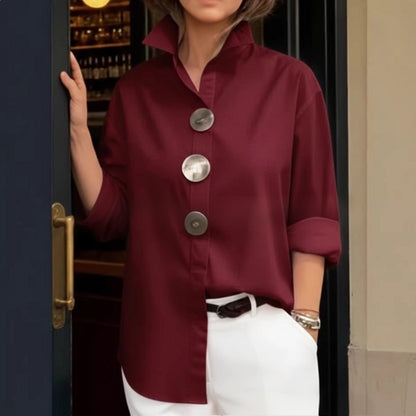 Women's Stand Collar Metal Button Long Sleeve Shirt