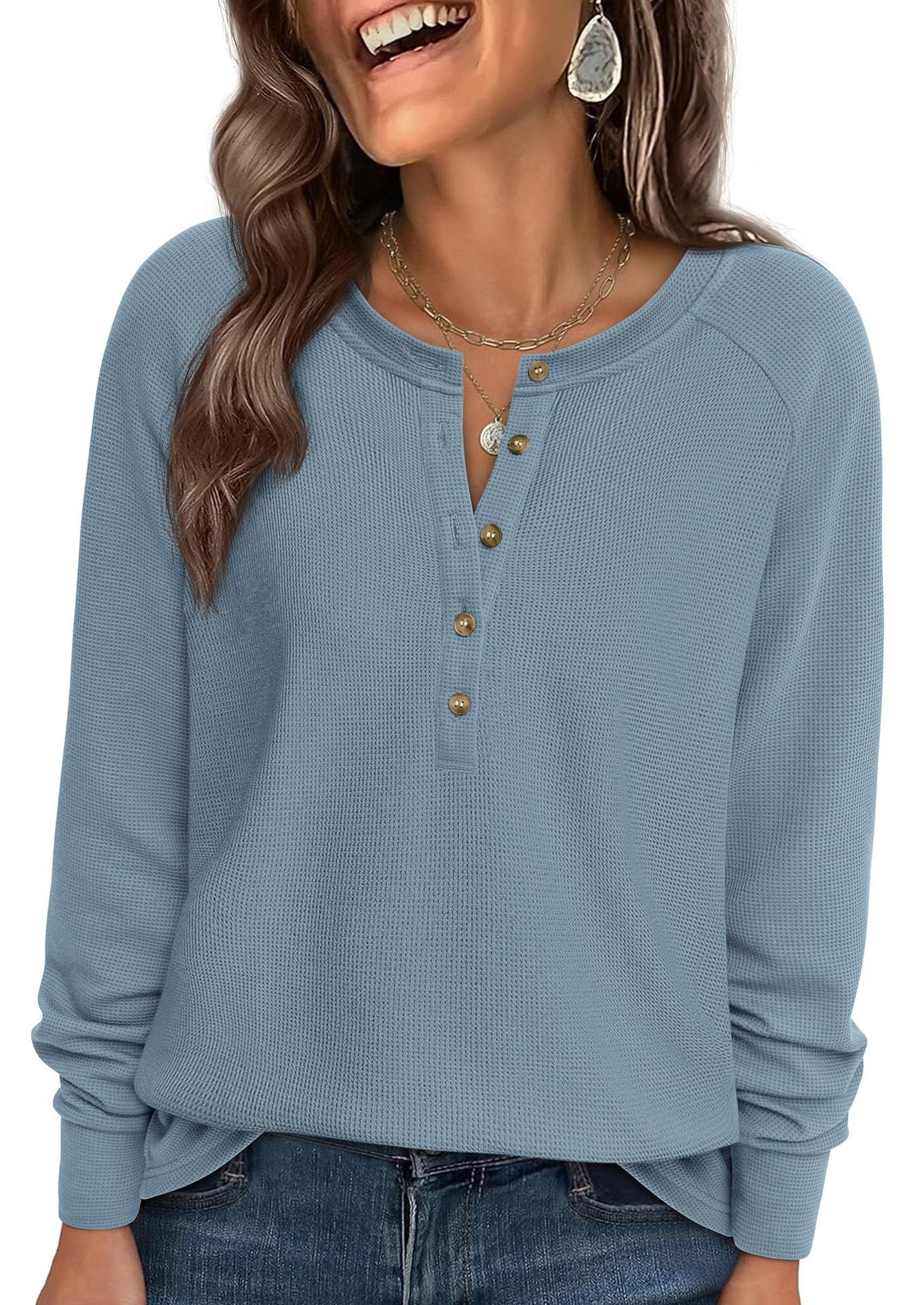 Waffle Knit Henley Top Button V Neck Long Sleeve Tee