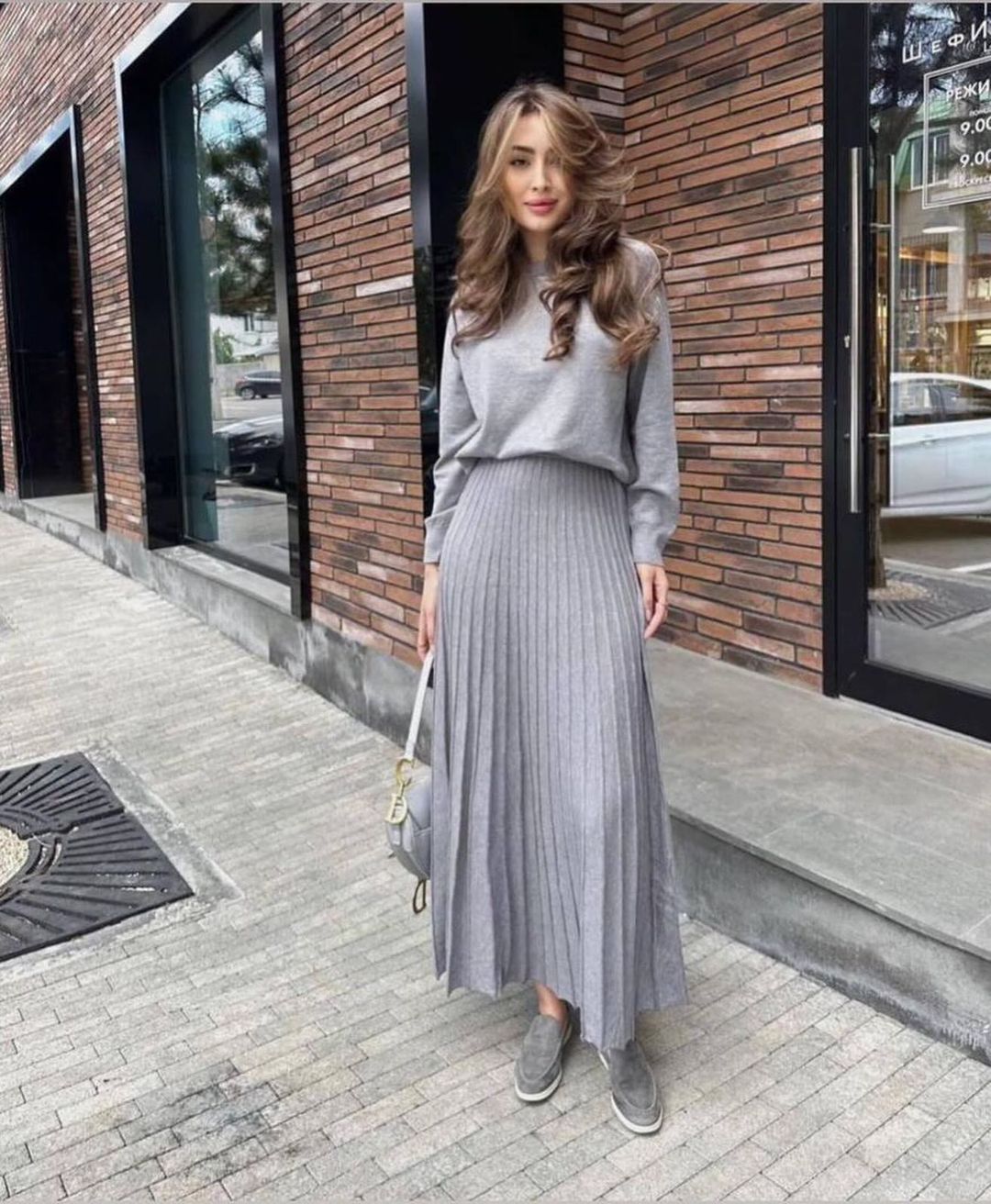Women's Two Piece Pleated Maxi Skirt Set Long Sleeve