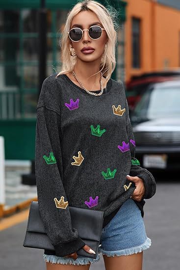 Women's Corduroy Oversized Embroidered Crewneck Sweatshirt