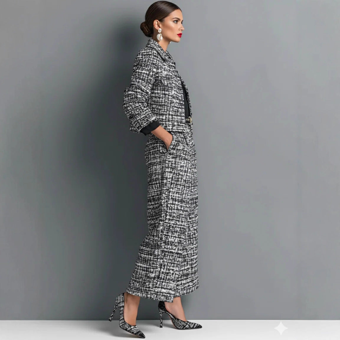 Women's Cropped Tweed Blazer Wide Leg Pants Set