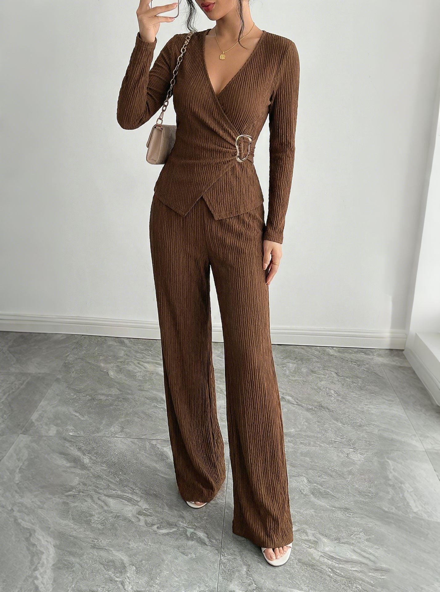 Ribbed Knit Wrap Lounge Set V Neck Top Wide Leg Pants