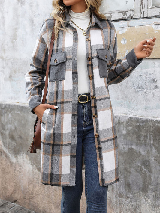 Plaid Shirt Jacket for Women - Long Button Front Coat