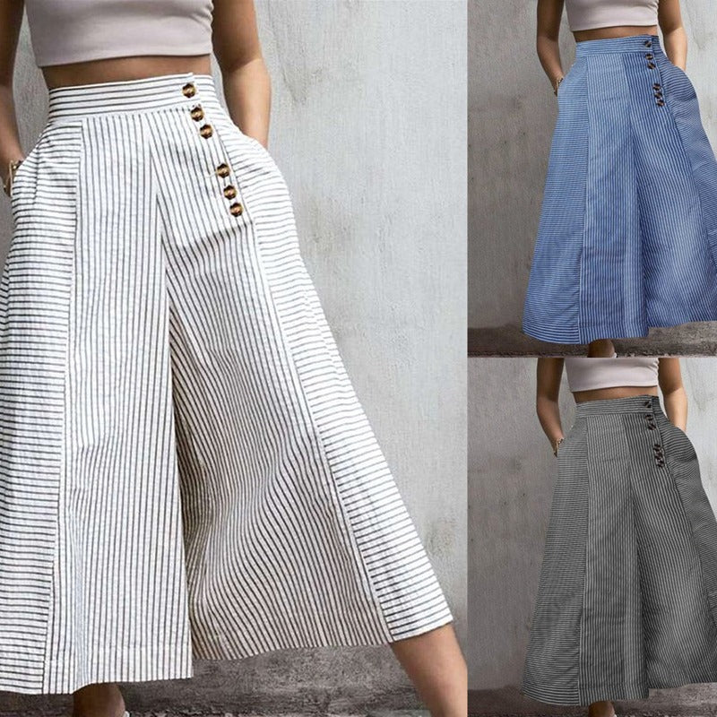 Women's Striped High Waist Wide Leg Pants Button Detail