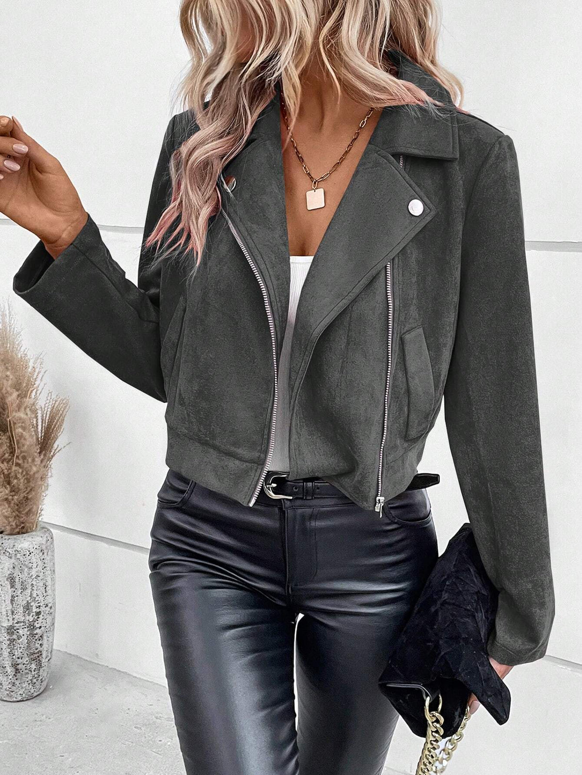 Women's Faux Suede Cropped Moto Zip Jacket