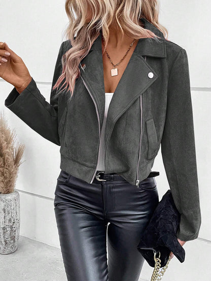 Women's Faux Suede Cropped Moto Zip Jacket
