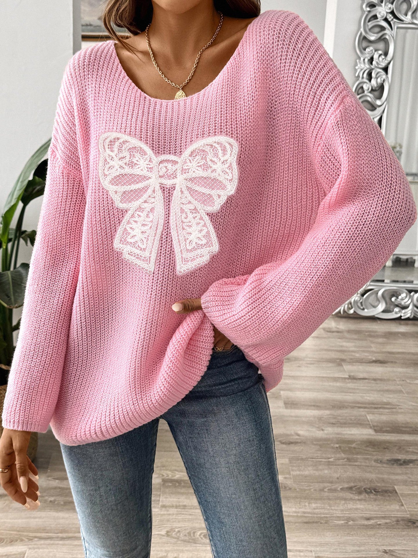 Women’s Lace Bow Applique Waffle Knit Bell Sleeve Top