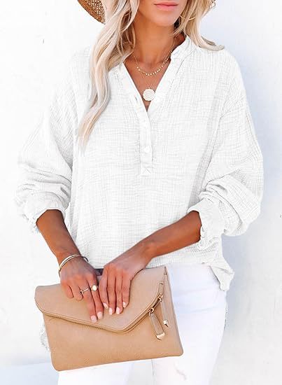 Cotton Gauze Henley Long Sleeve Relaxed Fit Top