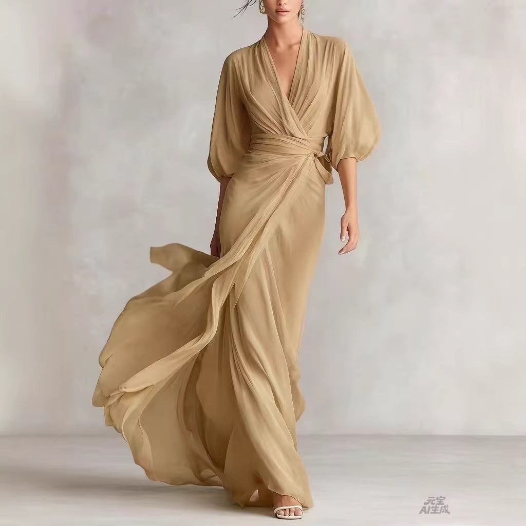 Elegant Deep V-Neck Lantern Sleeve Wrap Maxi Dress