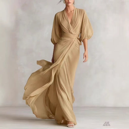 Elegant Deep V-Neck Lantern Sleeve Wrap Maxi Dress