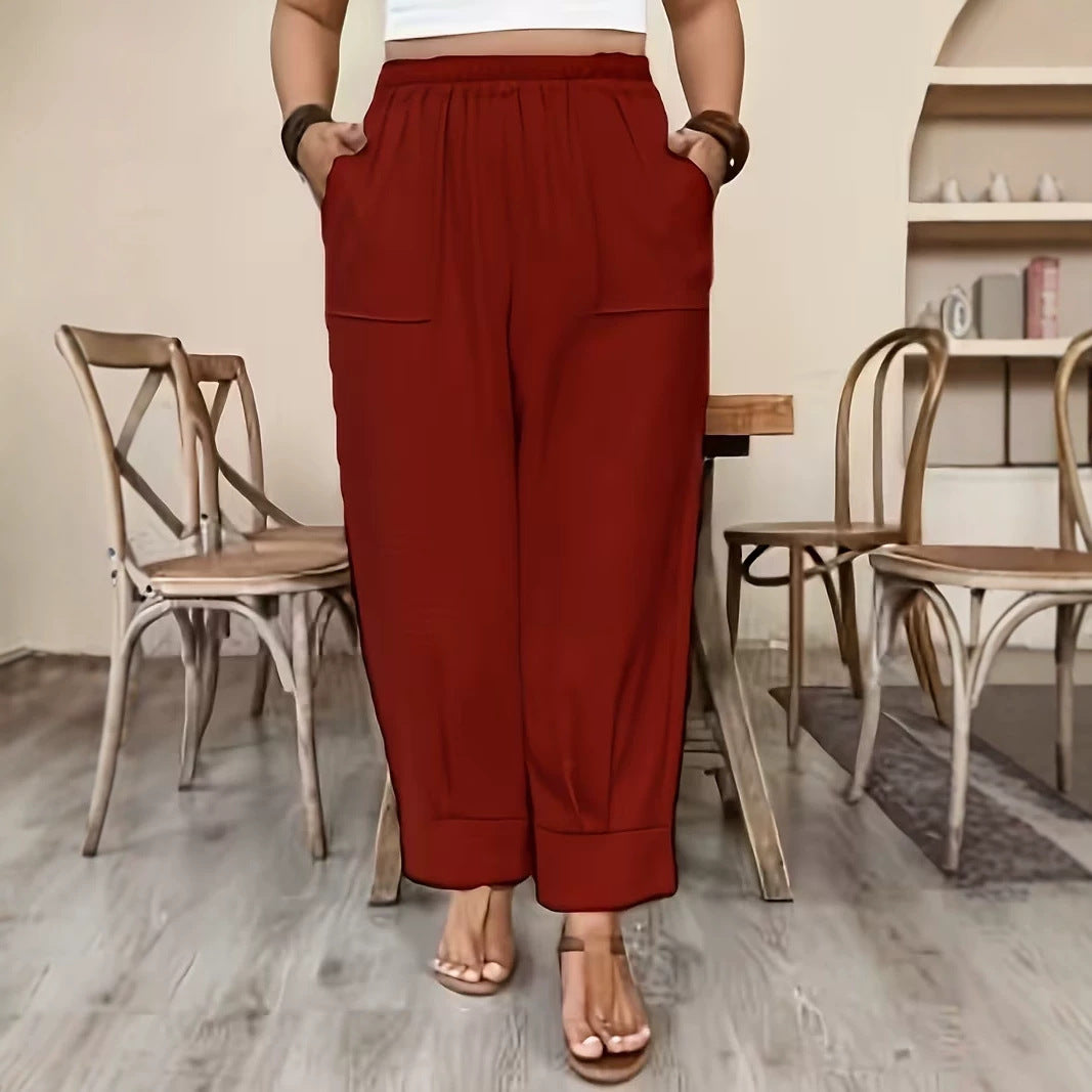 Plus Size Linen Look Elastic Waist Tapered Pants